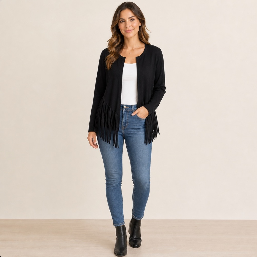 Fringe Open Cardigan Women’s Black Sweater Size Large